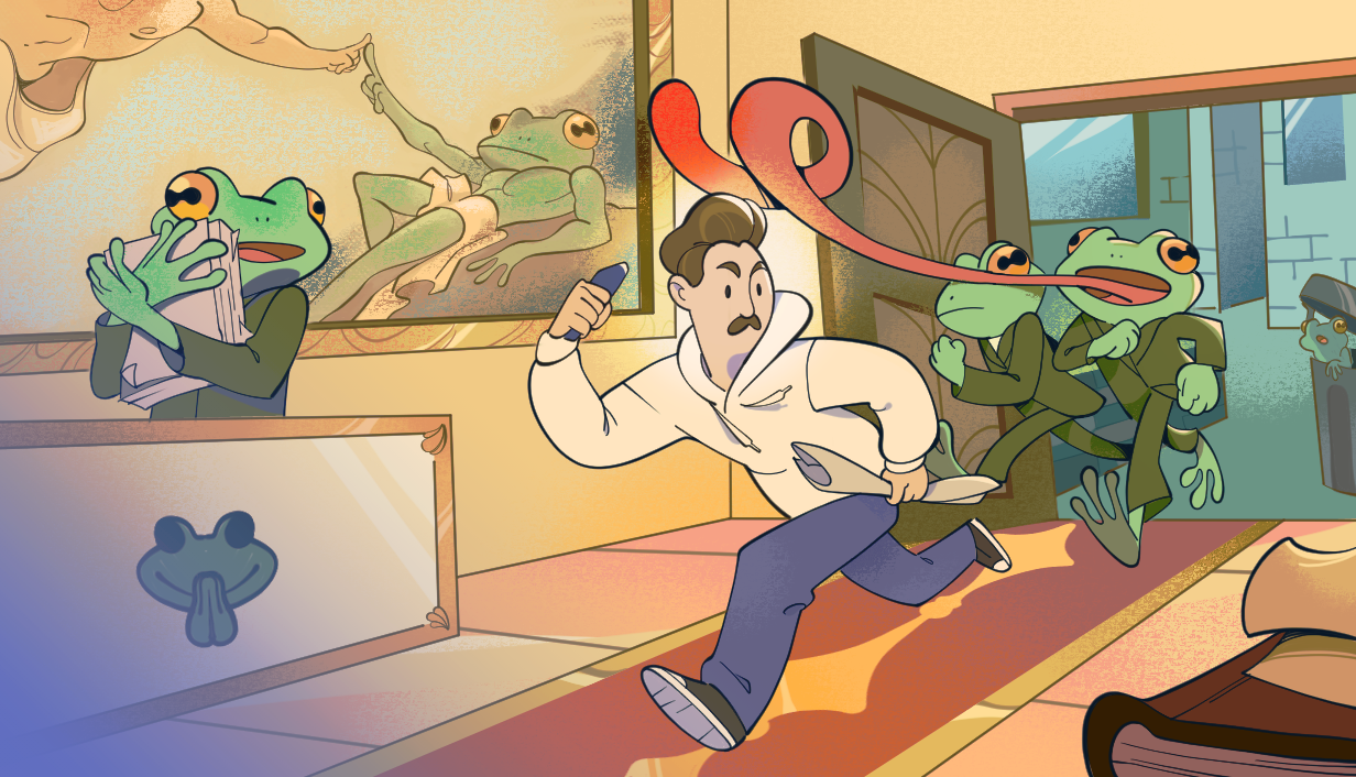 Frogology artwork: a man runs through a church while uniformed frogs chase him, one extending a long tongue.